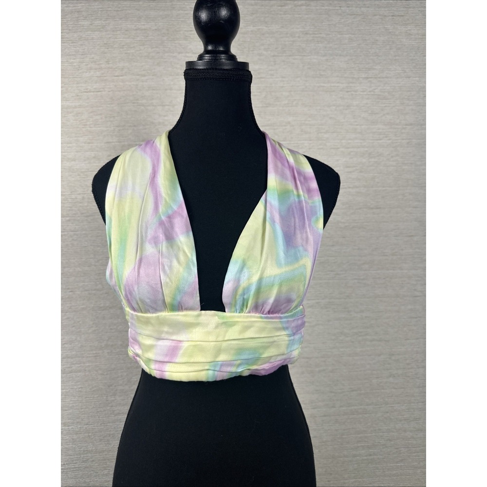 Zara Women's Wrap Crop Top Pastel Tie Dye Halter Open Back Viscose Boho Satin S